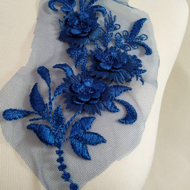 FEEPOP 2Pcs 3D Flower Embroidered Lace Appliques Handmade Wedding Dress Decoration European Lace Trims DIY Sewing Craft ï¼ˆBlueï¼‰ - Image 2